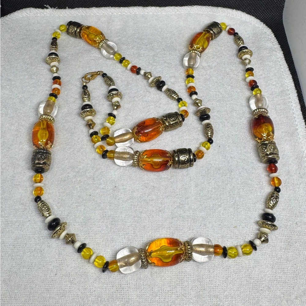 Amber and Gold Beaded Necklace and Bracelet Set